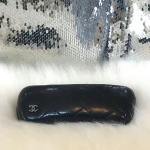 CHANEL Black Quilted 100% Leather Sunglass Case With Silver Logo